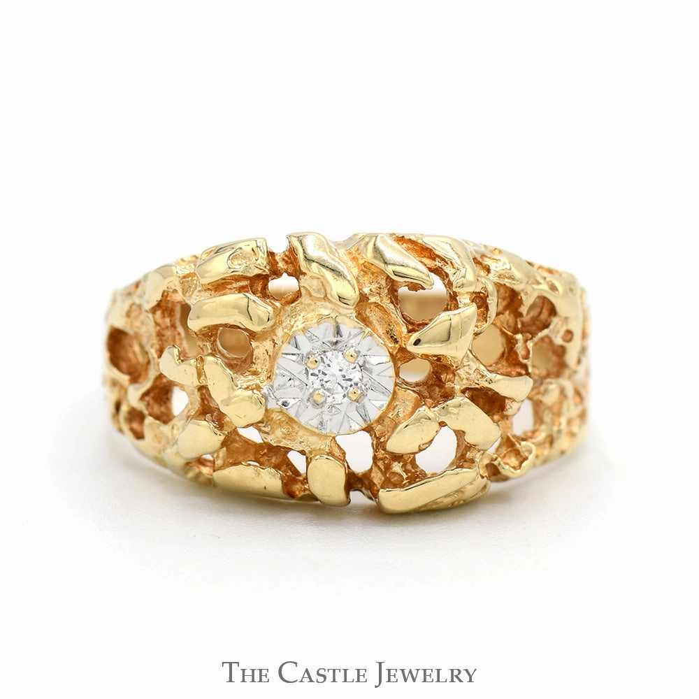 .05ct Illusion Set Diamond Solitaire Men's Ring with Open Nugget Textured Sides in 10k Yellow Gold Petite Accessory