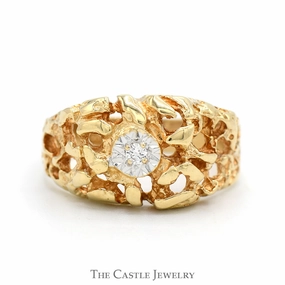 .05ct Illusion Set Diamond Solitaire Men's Ring with Open Nugget Textured Sides in 10k Yellow Gold Petite Accessory