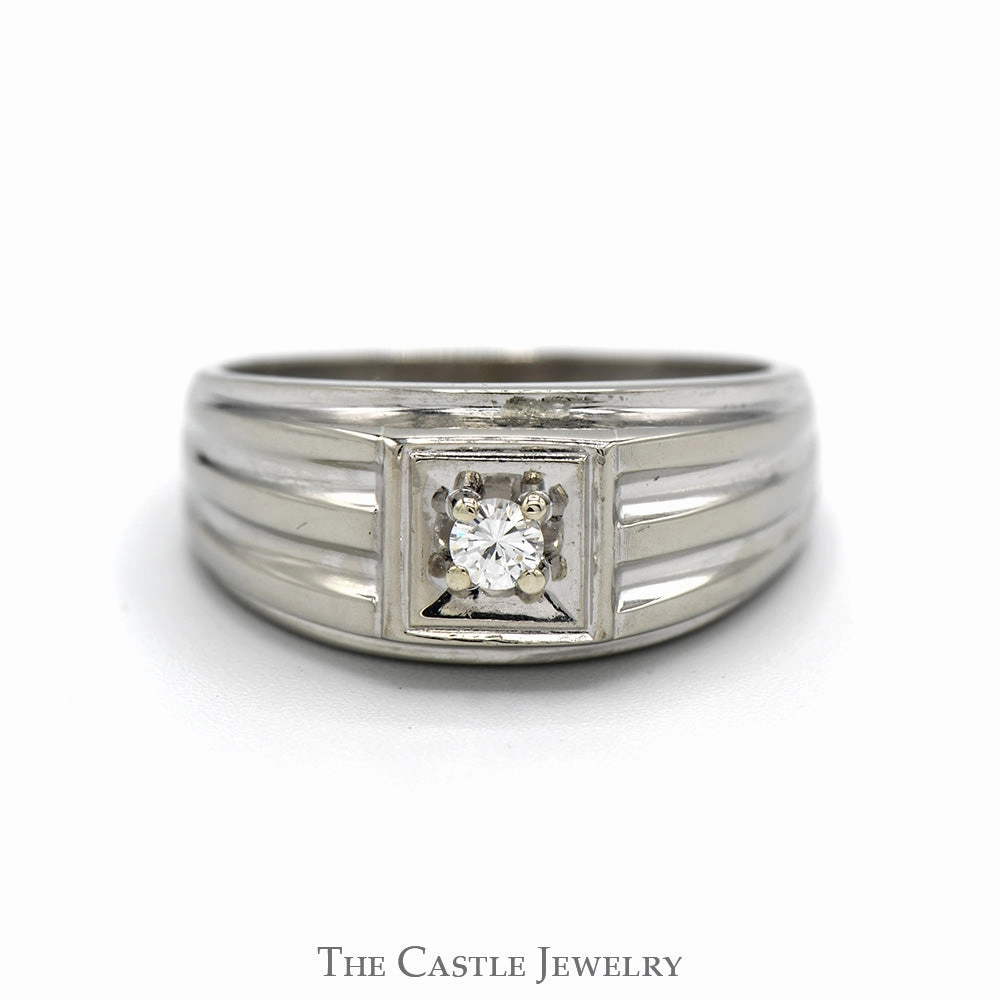 .10ct Round Diamond Solitaire Men's Ring with Ridged Sides in 10k White Gold Sparkling Piece Gift For Her