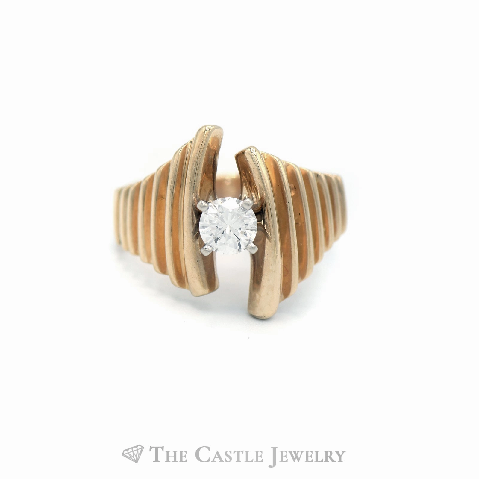 .41ct Round Diamond Solitaire in 14k Yellow Gold Ridged Bypass Mounting Unique Gift