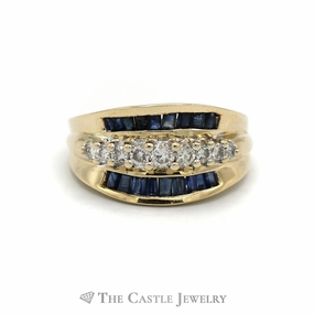 Luxurious Appearance .50CTTW Round Diamond and Baguette Sapphire Concaved Designed Ring in 14KT Yellow Gold