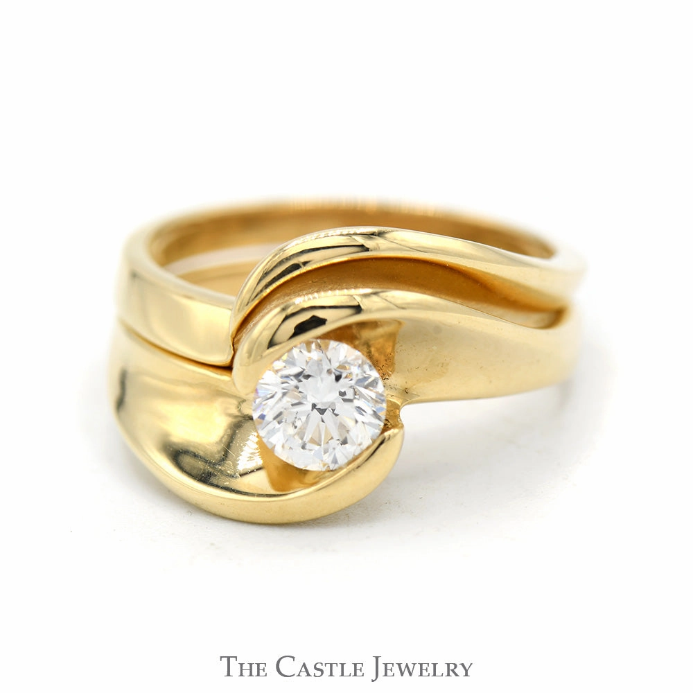Refined Contour .65ct Diamond Solitaire Bridal Set with Swirled Mounting and Matching Band in 14k Yellow Gold