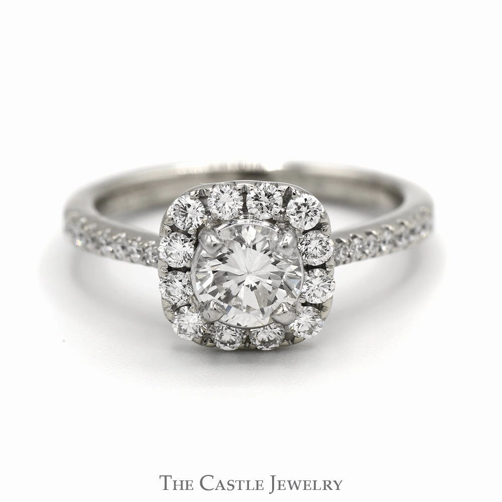 .85cttw Diamond Engagement Ring with Diamond Halo and Accented Sides in 14k White Gold Holiday Ready Graceful Choice