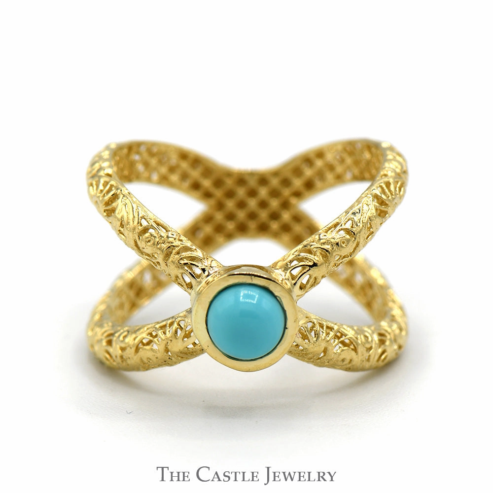 "X" Designed Ring with Turquoise Accent in 14k Yellow Gold Popular Trend Superior Item