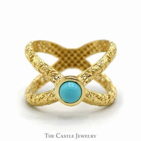 "X" Designed Ring with Turquoise Accent in 14k Yellow Gold Popular Trend Superior Item