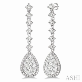 Charming Glow Romantic Fashion 1 ctw Pear Shape Dangler Round Cut Diamond Lovebright Earrings in 14K White Gold