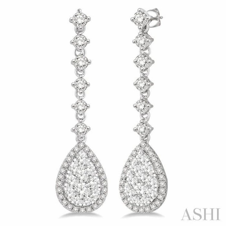 Charming Glow Romantic Fashion 1 ctw Pear Shape Dangler Round Cut Diamond Lovebright Earrings in 14K White Gold