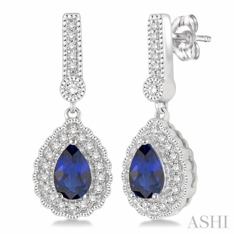 6x4 MM Pear Shape Sapphire and 1/4 ctw Round Cut Diamond Earrings in 14K White Gold Luxe Accent
