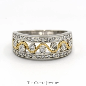 1/3cttw Diamond Band with Wavy Two Tone Design in 14k White and Yellow Gold Glossy Finish