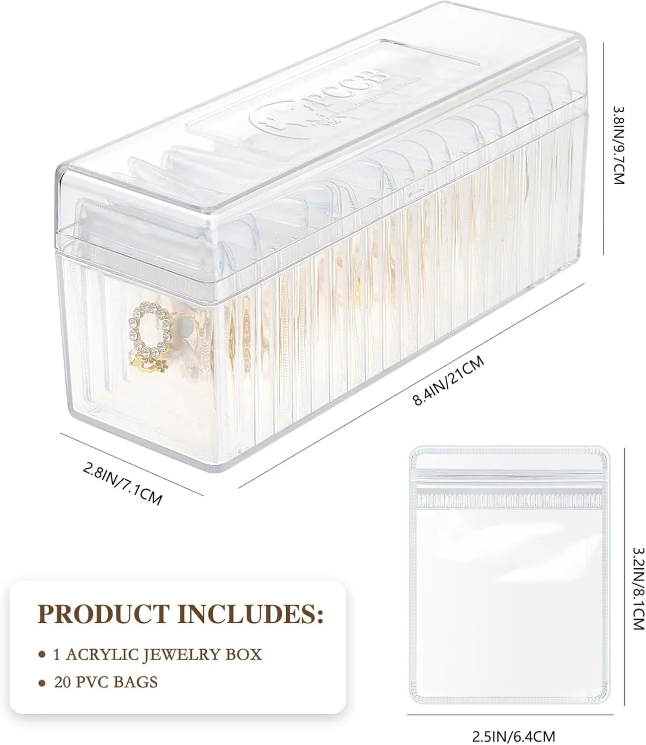 Acrylic Jewelry Box Organizer, Clear Jewelry Organizer and Storage with 20 Portable Anti Tarnish Jewelry bags, Travel Jewelry Case for Earrings/Rings/Necklaces Gifts for Women Girls, Clear