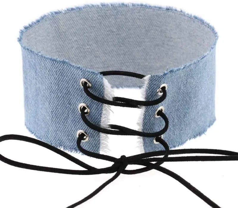 Adjustable Women Wide Denim Choker Necklace Handmade Costume Cosplay Nightclub Punk Neck Collar Choker