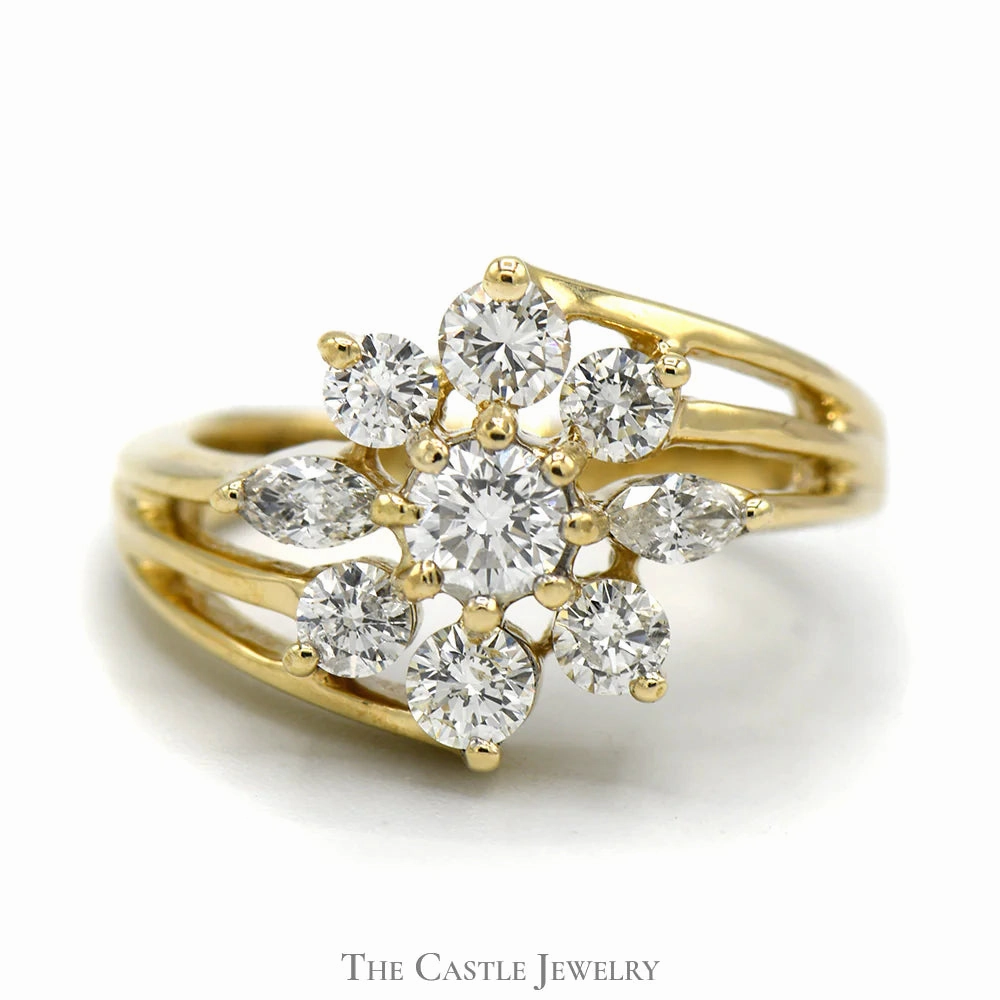 Artistic Adornment Flower Shaped 1.25cttw Diamond Cluster Ring in 14k Yellow Gold Split Shank Setting
