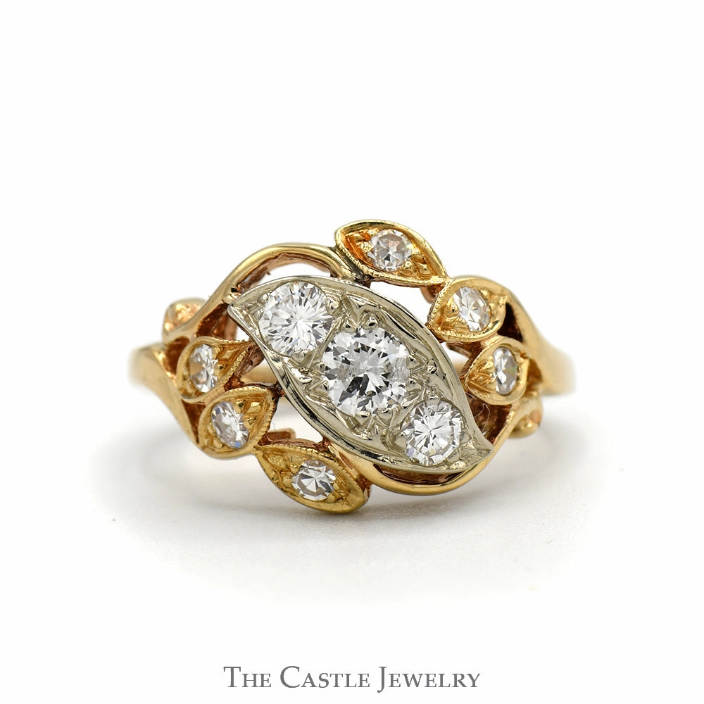 Fashion Revolution Office Gift Two Tone Open Antique Style 3/4cttw Diamond Cluster Ring in 14k White & Yellow Gold