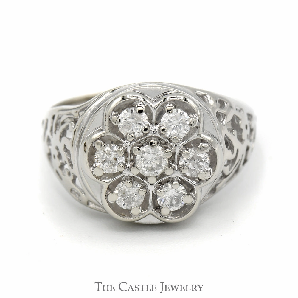 High-End Decoration Casual Gift 1/2cttw 7 Diamond Kentucky Cluster Ring with Open Filigree Sides in 10k White Gold