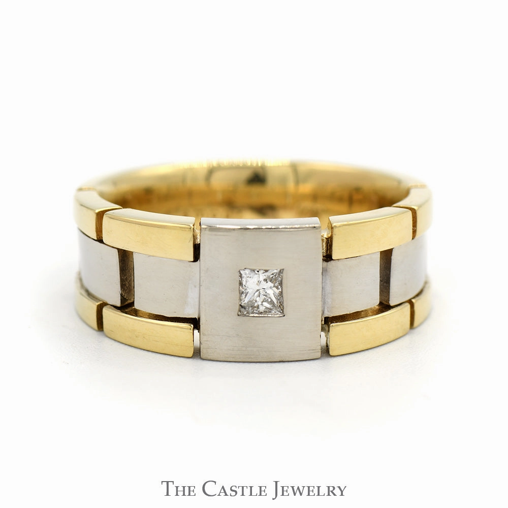 Two Tone Link Designed Band with Princess Cut Diamond Solitaire in 14k White & Yellow Gold Actual Piece
