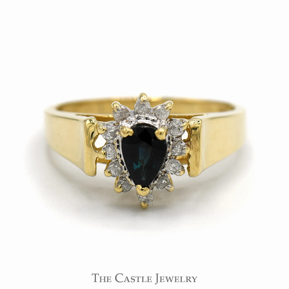 Modern Heirloom Stylish Token Pear Cut Sapphire Ring with Diamond Halo in 10k Yellow Gold