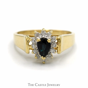 Modern Heirloom Stylish Token Pear Cut Sapphire Ring with Diamond Halo in 10k Yellow Gold