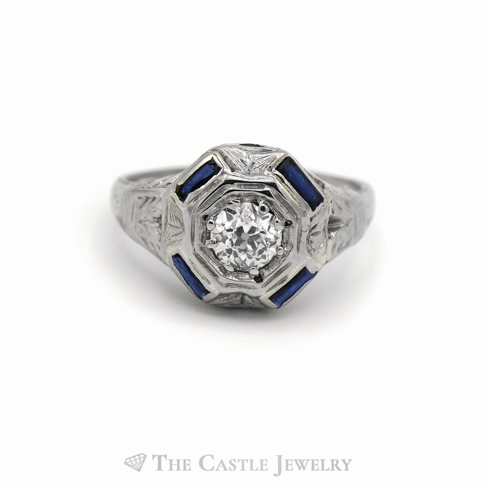 Old European Cut Diamond Solitaire Ring with Sapphire Accents in 10KT White Gold Luxurious Style Giftable Jewelry