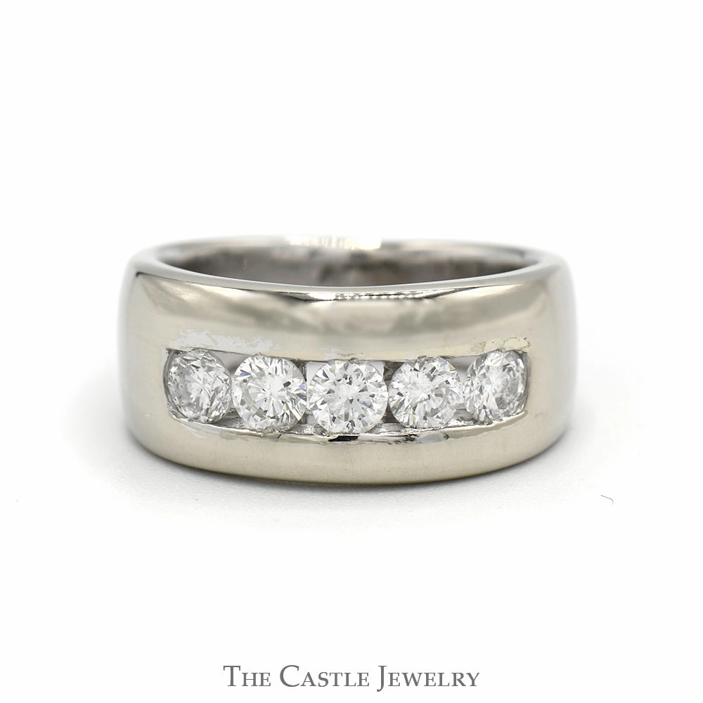 1cttw Channel Set 5 Round Diamond Men's Band in 14k White Gold Gentle Texture