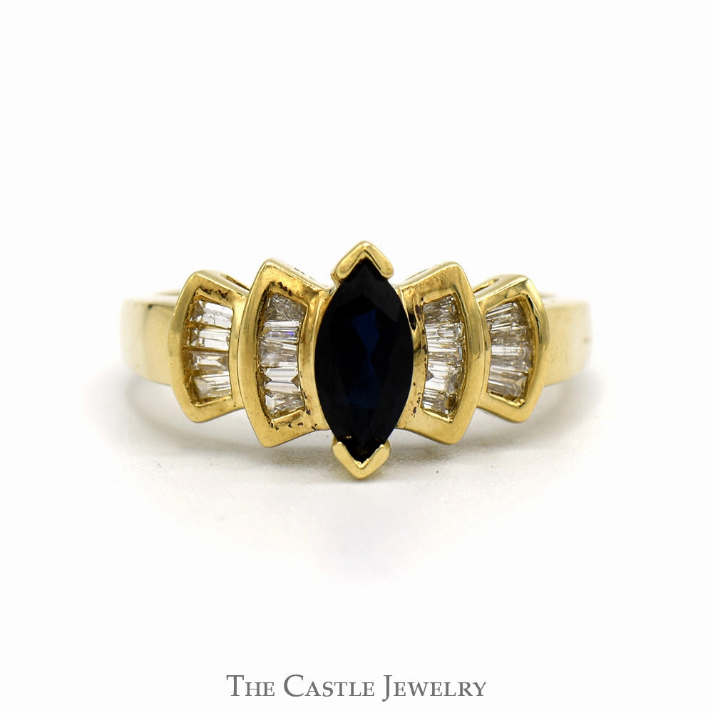 Marquise Cut Sapphire And Baguette Cut Diamond Ring .25 CTTW In 10KT Yellow Gold Elegant Jewelry Fine Art