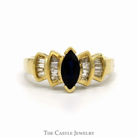 Marquise Cut Sapphire And Baguette Cut Diamond Ring .25 CTTW In 10KT Yellow Gold Elegant Jewelry Fine Art
