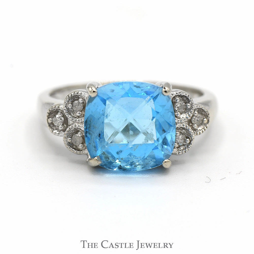Eternal Style Hypoallergenic Design Cushion Cut Blue Topaz Ring with Diamond Cluster Accents in 14k White Gold