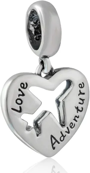 Airplane Charm 925 Sterling Silver Plane Charm Travel Charm Heart Charm for Pandora Charm Bracelet