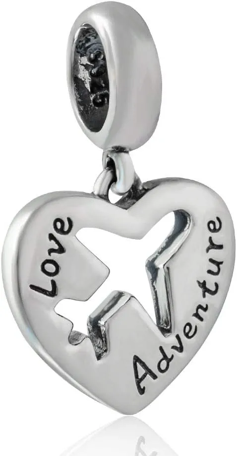 Airplane Charm 925 Sterling Silver Plane Charm Travel Charm Heart Charm for Pandora Charm Bracelet