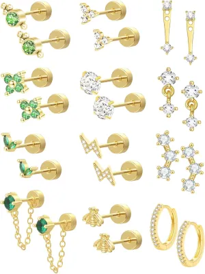Akeoqi 12 Pairs Tiny Flat Back Stud Earring Sets for Multiple Piercing 20G Surgical Stainless Steel Emerald Green CZ Studs Small Hoops Cartilage Helix Earrings Stacks for Women Men Gold Silver Tone