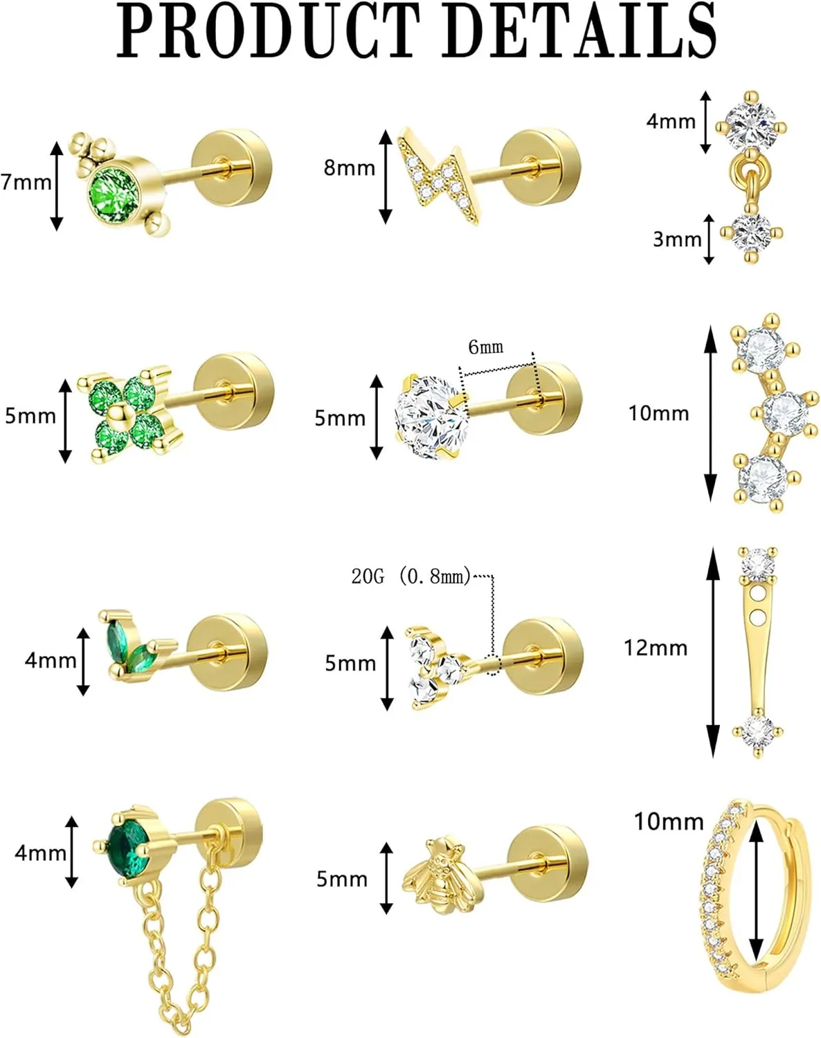 Akeoqi 12 Pairs Tiny Flat Back Stud Earring Sets for Multiple Piercing 20G Surgical Stainless Steel Emerald Green CZ Studs Small Hoops Cartilage Helix Earrings Stacks for Women Men Gold Silver Tone