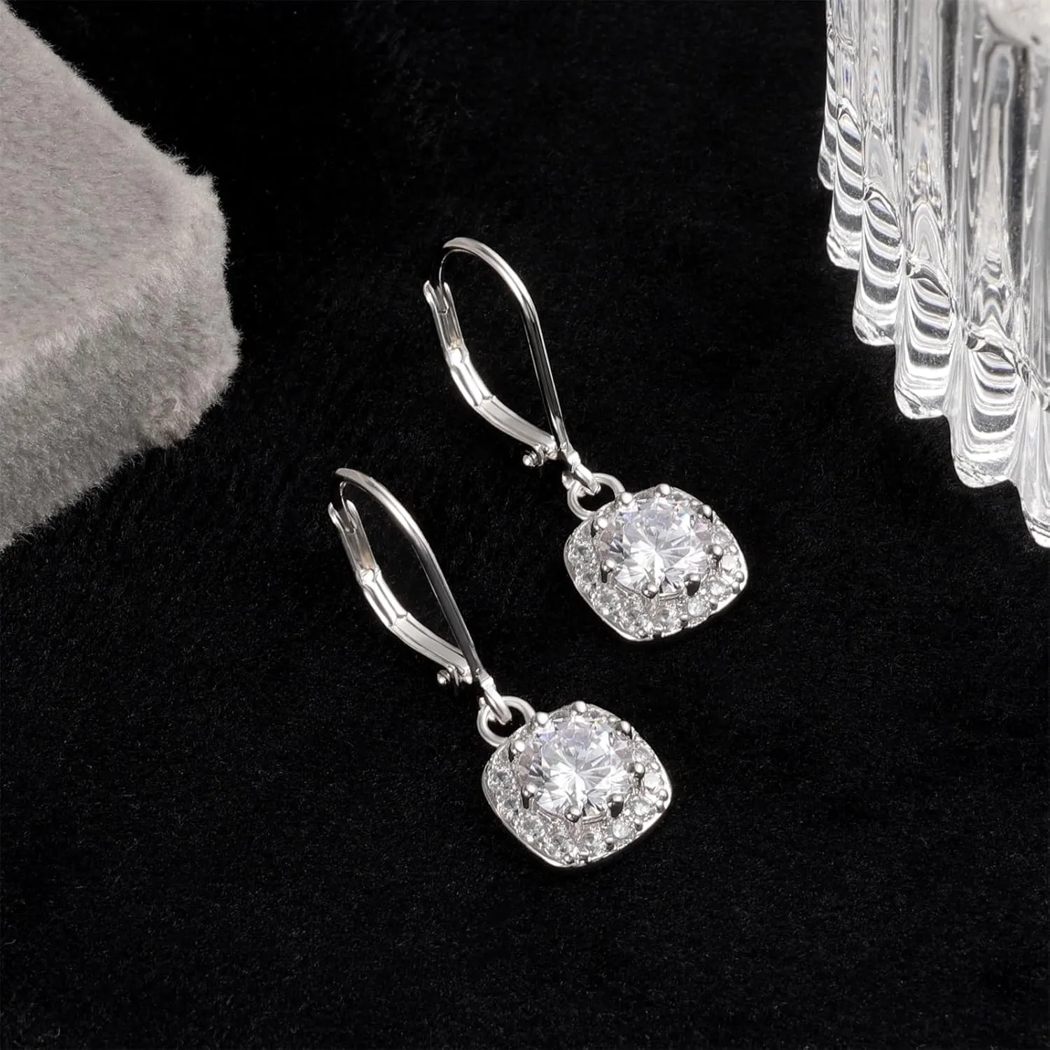 ALEXCRAFT Sterling Silver Leverback Dangle Drop Earrings for Women, Cubic Zirconia Small Round Square Halo Drop Earring Hypoallergenic Jewelry for Wedding Bridal