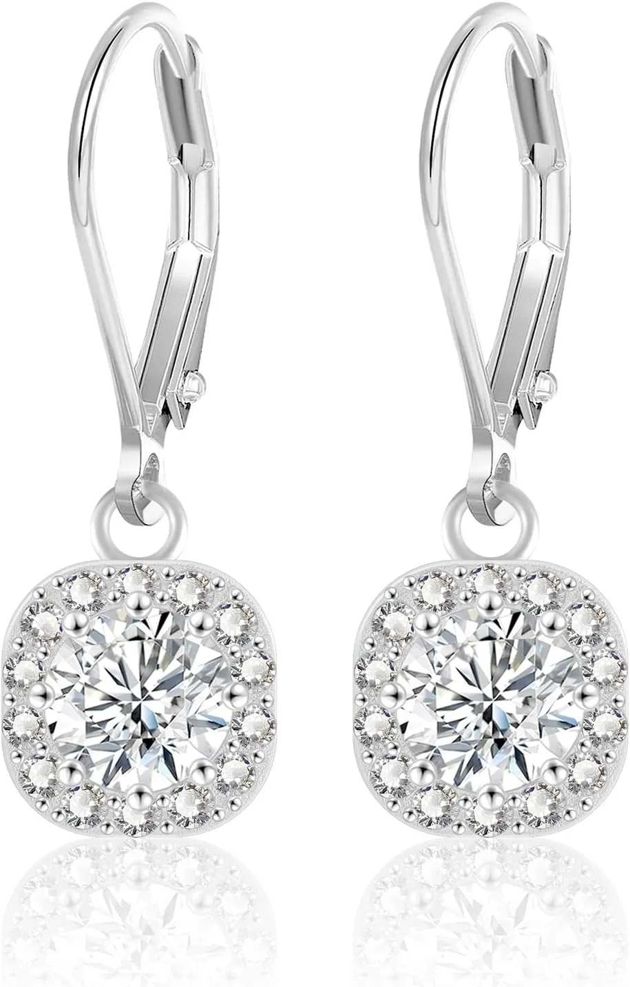 ALEXCRAFT Sterling Silver Leverback Dangle Drop Earrings for Women, Cubic Zirconia Small Round Square Halo Drop Earring Hypoallergenic Jewelry for Wedding Bridal