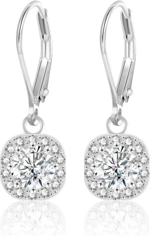 ALEXCRAFT Sterling Silver Leverback Dangle Drop Earrings for Women, Cubic Zirconia Small Round Square Halo Drop Earring Hypoallergenic Jewelry for Wedding Bridal