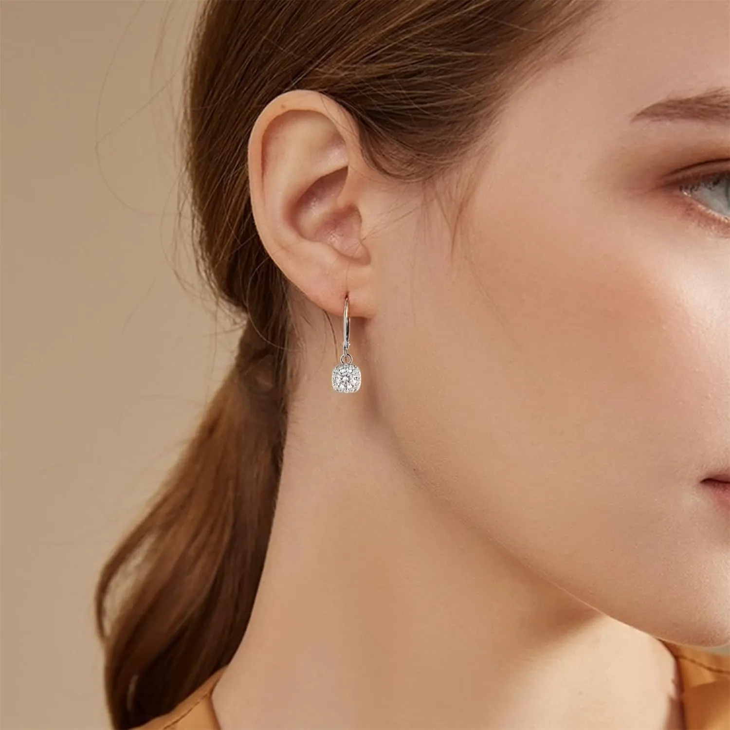 ALEXCRAFT Sterling Silver Leverback Dangle Drop Earrings for Women, Cubic Zirconia Small Round Square Halo Drop Earring Hypoallergenic Jewelry for Wedding Bridal
