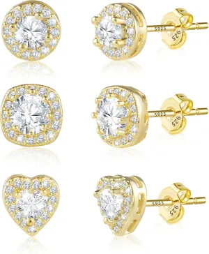 ALEXCRAFT Sterling Silver Stud Earrings for Women Girls Cubic Zirconia Halo Round Heart Square Diamond Large Silver Stud Set