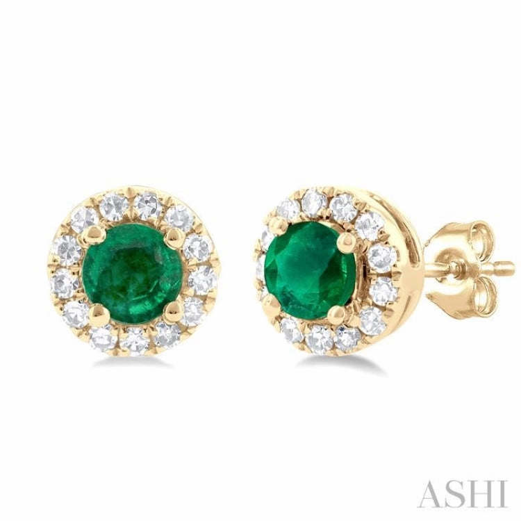 Impressive Accent Romantic Detail 3.25 MM Round Emerald and 1/10 Ctw Single Cut Diamond Halo Precious Stud Earrings in 10K Yellow Gold