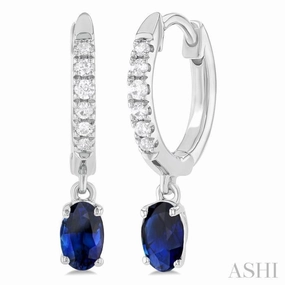 5x3 MM Oval Cut Sapphire and 1/8 Ctw Petite Round Cut Diamond Precious Fashion Huggies in 10K White Gold Glamorous Gifts