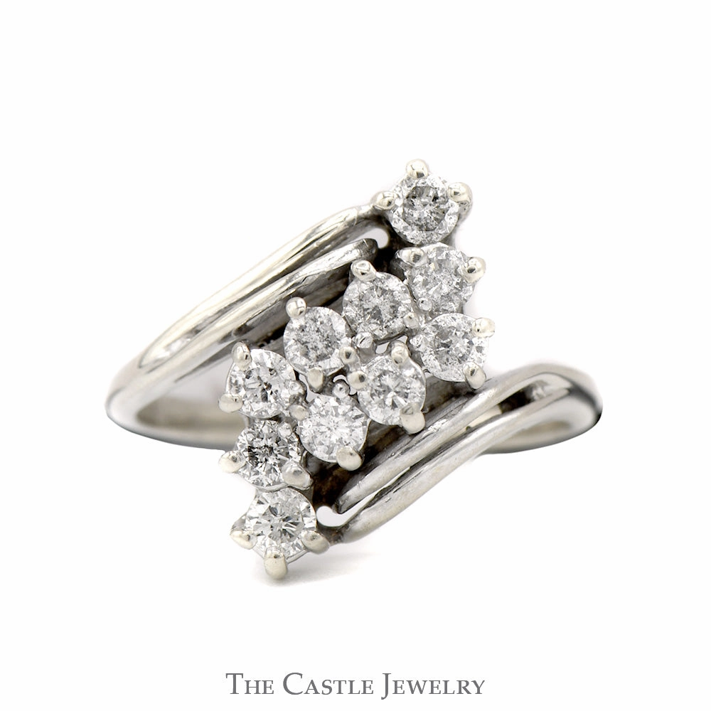 3/4cttw Z Shaped Diamond Cluster Ring in 14k White Gold Bypass Setting Delicate Craft
