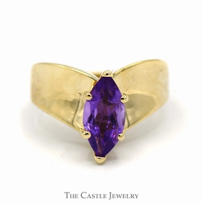 Anniversary Choice Marquise Amethyst Ring in V Shaped Concave Design 10k Yellow Gold Band
