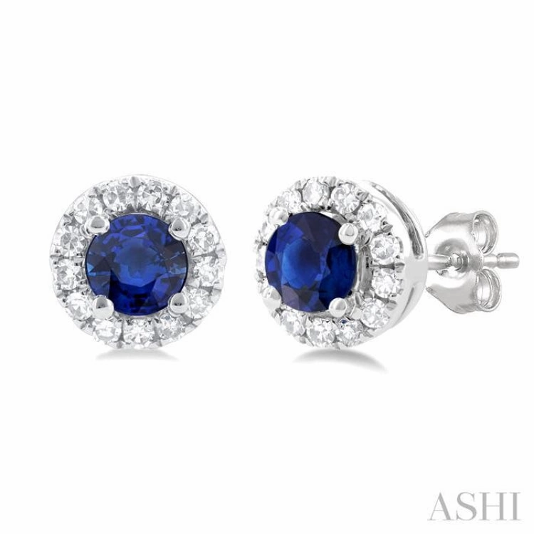 3.25 MM Round Sapphire and 1/10 Ctw Single Cut Diamond Halo Precious Stud Earrings in 14K White Gold Dynamic Detail Silky Finish