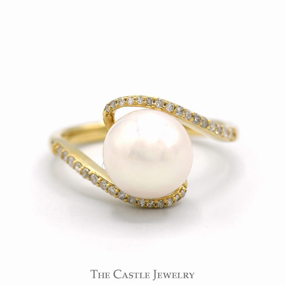 Perfect Accent Mother Daughter White Pearl Bypass Ring with Diamond Accented Sides in 10k Yellow Gold