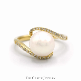 Perfect Accent Mother Daughter White Pearl Bypass Ring with Diamond Accented Sides in 10k Yellow Gold