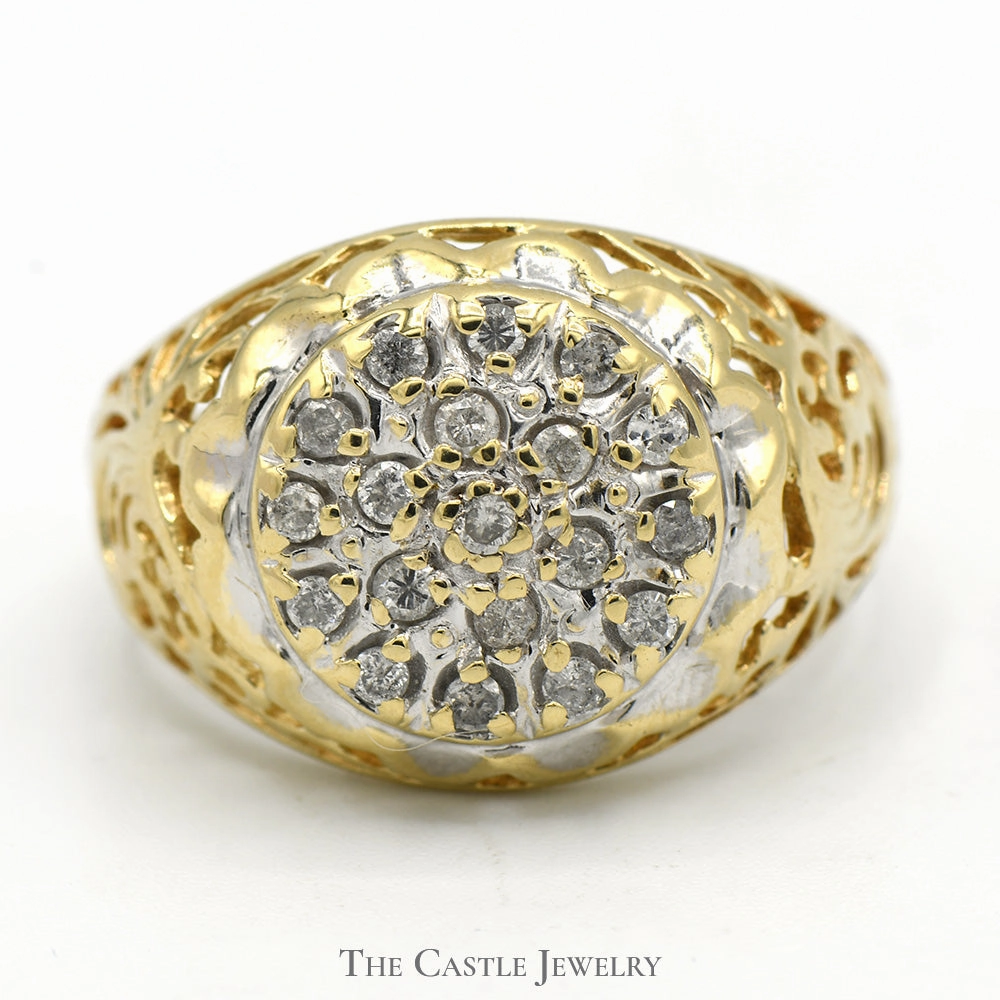1/2cttw Kentucky Diamond Cluster Ring with Filigree Sides in 10k Yellow Gold Refined Look Secure fastening