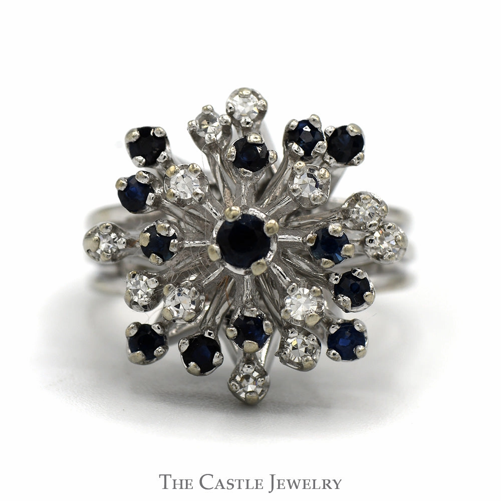 Artistic masterpiece Blue Sapphire and Diamond Freeform Cluster in 14 KT White Gold