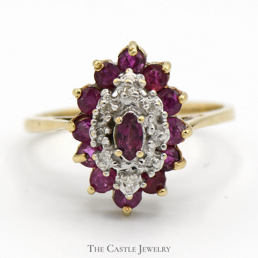 Simple Creation Secure Article Marquise Shaped Ruby and Diamond Cluster Ring in 10k Yellow Gold