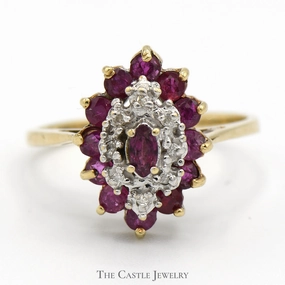 Simple Creation Secure Article Marquise Shaped Ruby and Diamond Cluster Ring in 10k Yellow Gold