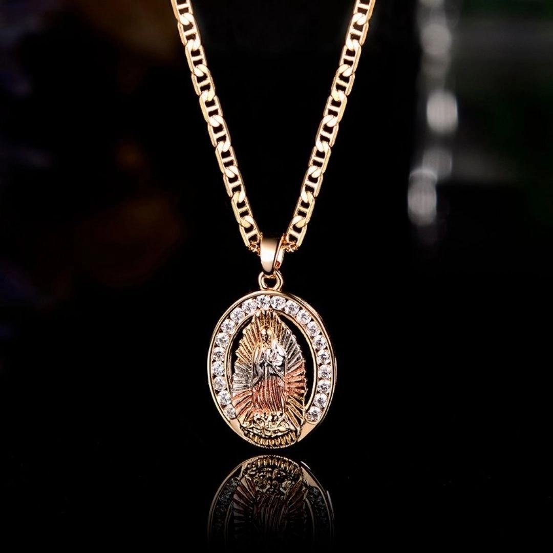 18K Gold Plated Three-Tone Crystal Mother Mary Pendant Necklace Creative Soul