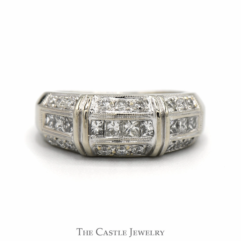 Designer Label Timeless Proportion 3/4cttw Channel Set Princess Cut Diamond Band with Round Diamond Edges in 14k White Gold