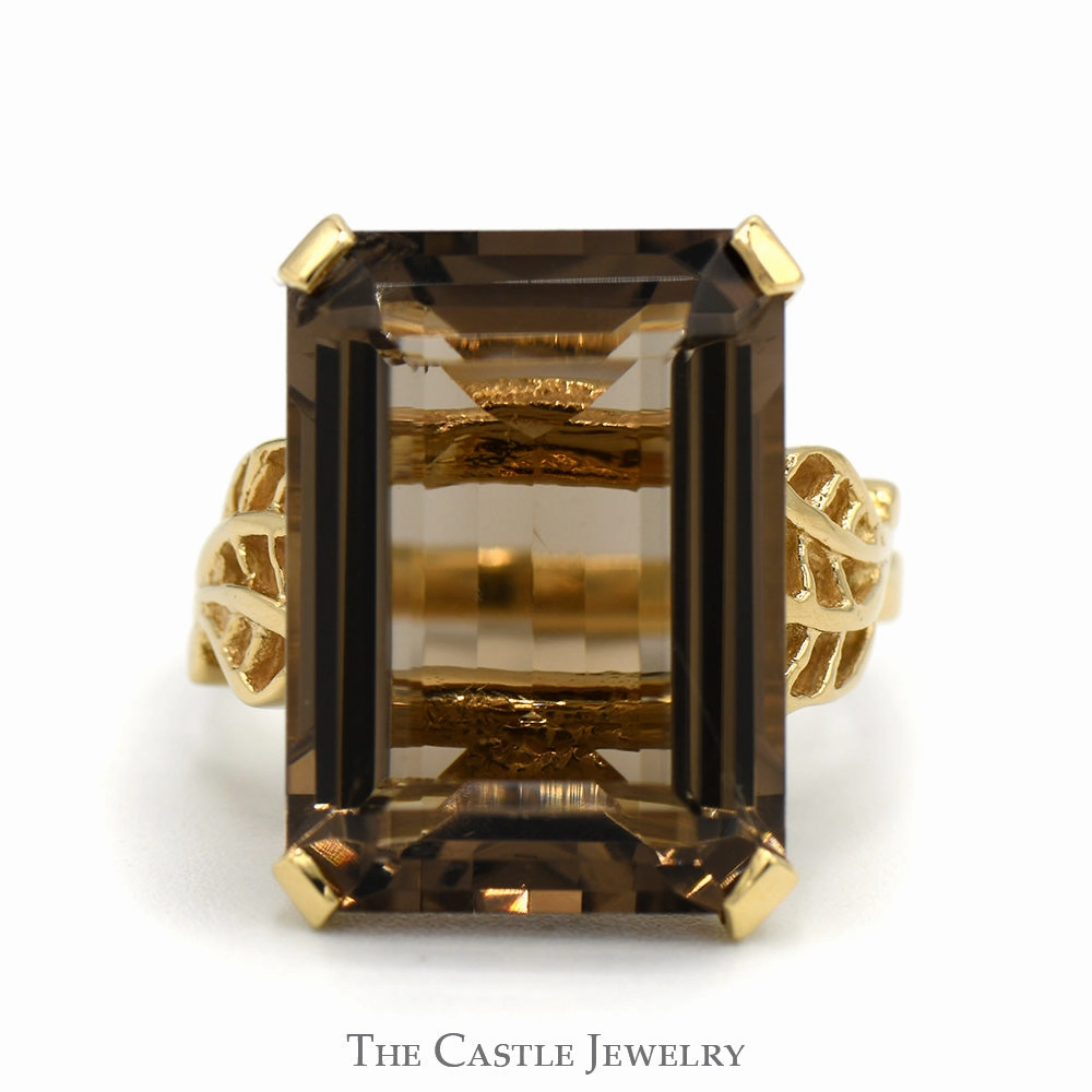 Luxury Style Emerald Cut Smokey Quartz Ring with Open Leaf Sides in 14k Yellow Gold