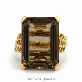 Luxury Style Emerald Cut Smokey Quartz Ring with Open Leaf Sides in 14k Yellow Gold